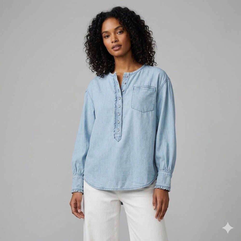 We The Free People Light Wash Denim Dreaming Henley Ruffle Shirt Puff Sleeve XS